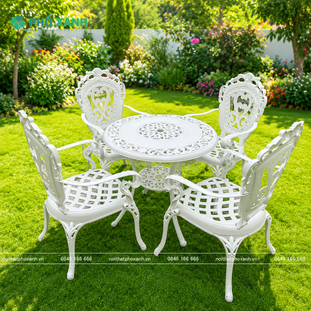 Bộ bàn ghế nhôm đúc sân vườn 1 bàn 4 ghế màu trắng kem BND-HV80TK01