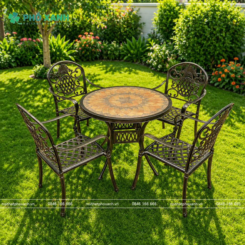 Bộ bàn ghế nhôm đúc mặt đá sân vườn BND-MDNS94D