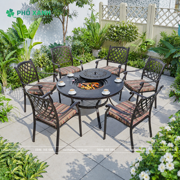 Bàn nhôm đúc tròn kết hợp nướng BBQ sân vườn nhà hàng cho 6 người BND-NML120VD