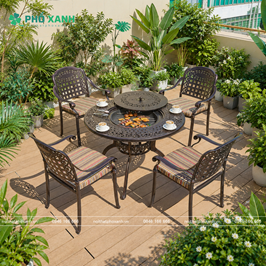 Bộ bàn ghế nhôm đúc tròn kết hợp nướng BBQ sân vườn biệt thự BND-N106D