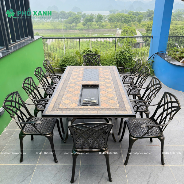 Bàn nhôm đúc mặt đá kết hợp nướng đôi cho 8 -10 người 