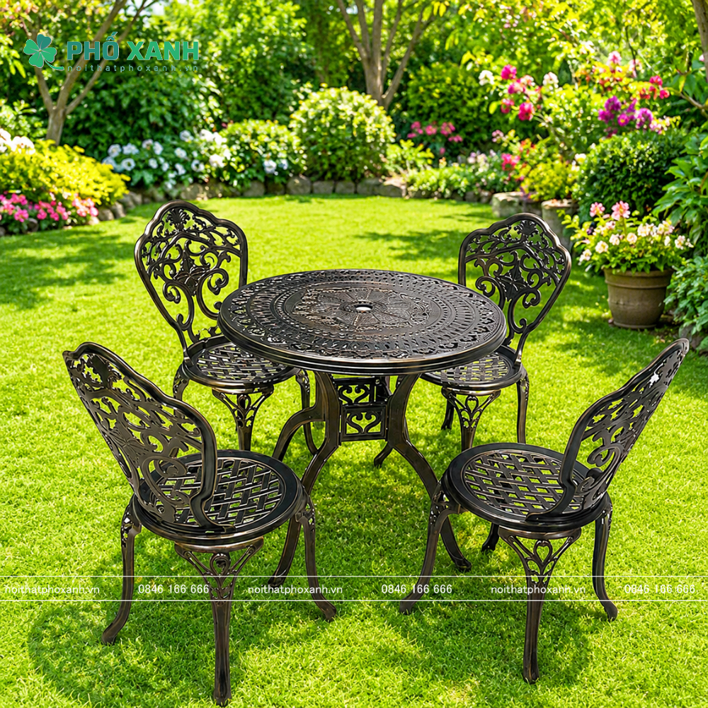 Bộ bàn ghế nhôm đúc ngoài trời 4-6 ghế BND-D80D01
