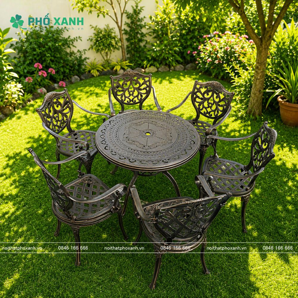 Bộ bàn ghế nhôm đúc 1 bàn 6 ghế lựa chọn tối ưu cho sân vườn,nhà chòi BND-D100D02