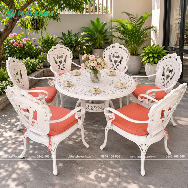 Bộ bàn ghế hợp kim nhôm đúc màu trắng 6 ghế dành cho sân thượng BND-100TTTK