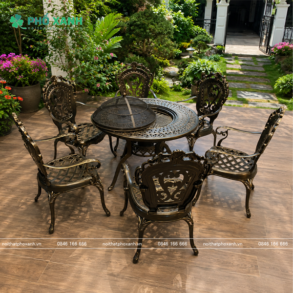 Bộ bàn ghế nhôm đúc kết hợp nướng BBQ ngoài trời dành cho sân vườn,biệt thự BND-N106D01