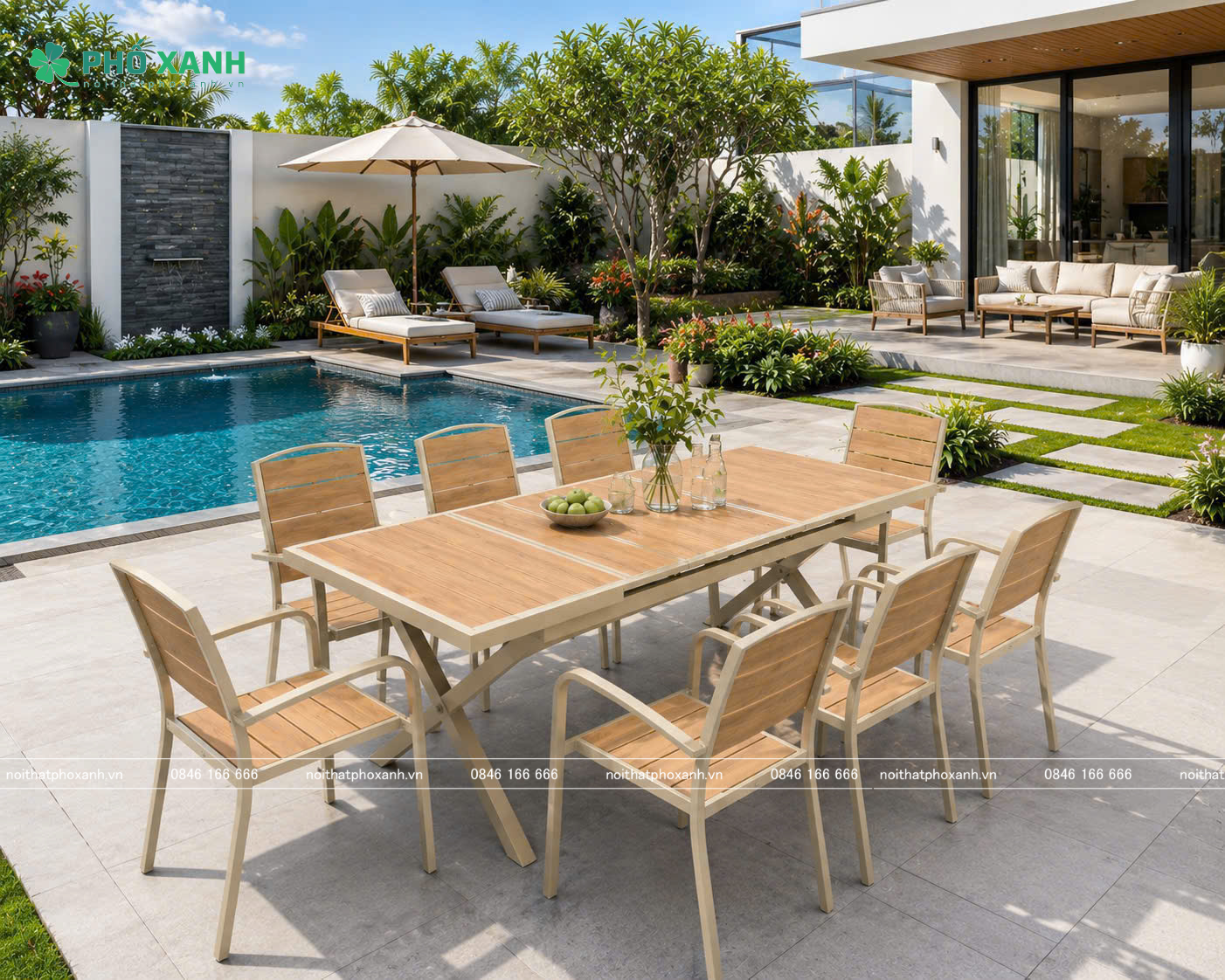 Bộ bàn ghế Composite kéo dài thu gọn ngoài trời 8 ghế