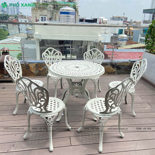 Bộ bàn ghế nhôm đúc màu trắng kem dành cho sân vườn,ban công,sân thượng BND-D80TK01