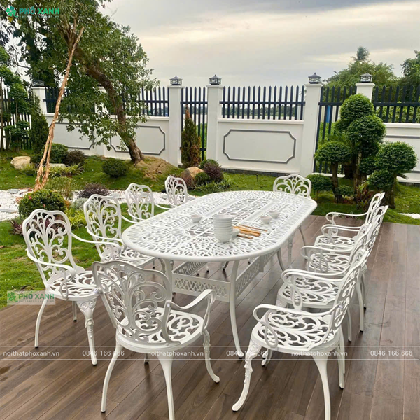 Bộ bàn ghế nhôm đúc bầu dục 1 bàn 10 ghế dành cho sân vườn,khu nghỉ dưỡng,biệt thự BND-BD21001100TK01