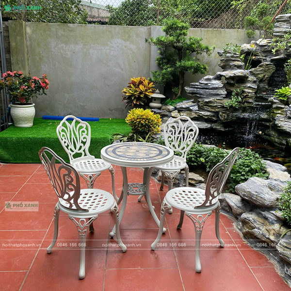 Bộ bàn ghế nhôm đúc nhỏ mặt đá ngoài trời, sân vườn, ban công BND-6070MDTK