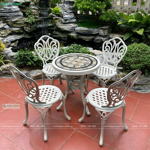Bộ bàn ghế nhôm đúc nhỏ mặt đá ngoài trời, sân vườn, ban công BND-6070MDTK
