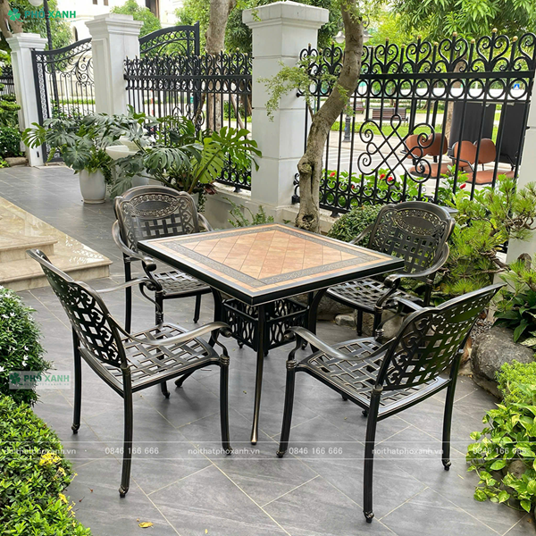 Bộ bàn ghế nhôm đúc mặt đá sân vườn BND-9090D