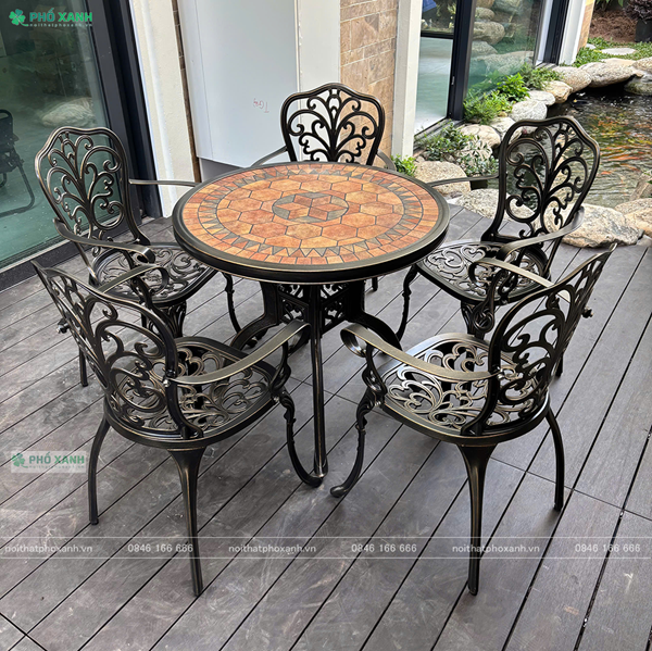 Bộ bàn ghế nhôm đúc mặt đá sân vườn,nhà chòi,biệt thự BND-D85MDD