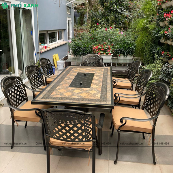 Bộ bàn ghế nhôm đúc mặt đá nướng dành cho biệt thự,sân vườn rộng BND-ND18998D01