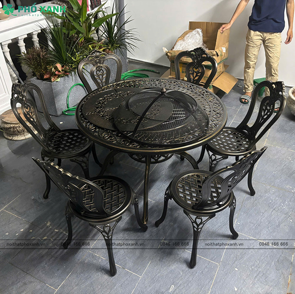 Bộ bàn ghế nhôm đúc tròn kết hợp nướng than hoa 6-8 ghế BND-N106ND