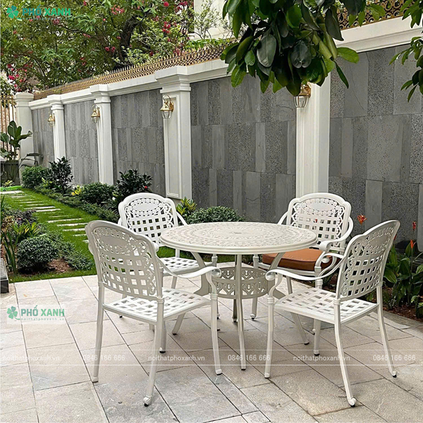 Bộ bàn ghế hợp kim nhôm đúc màu trắng ngoài trời BND-100TK