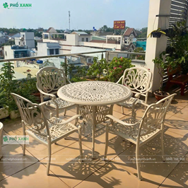 Bộ bàn ghế nhôm đúc sân sân vườn màu trắng kem BND-D90TK