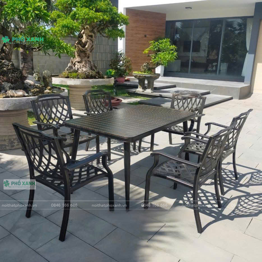 Bộ bàn ghế nhôm đúc sân vườn biệt thự nan nhôm đúc 6 ghế BND-NN15090VD