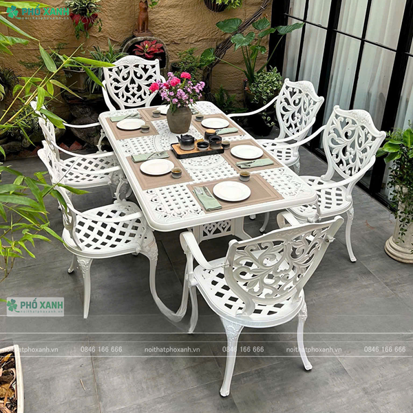 Bộ bàn ghế nhôm đúc sân vườn hình chữ nhật 6 - 8 ghế BND-17090LHTK