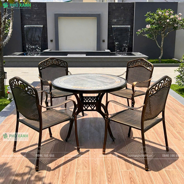 Bộ bàn ghế nhôn đúc mặt đá kết hợp 6 ghế dành cho biệt thự sân vườn,nhà chòi BND-MD120D01