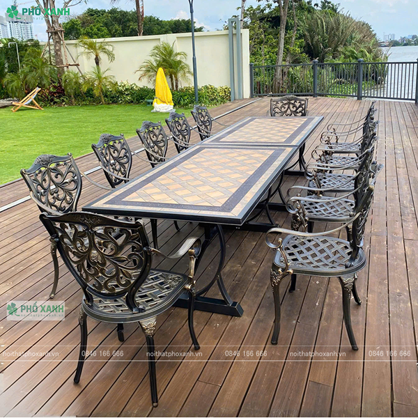Bộ bàn ghế nhôm đúc mặt đá 1 bàn 8 ghế dành cho sân vườn,khu nghỉ dưỡng, biệt thự BND-MD18998D01
