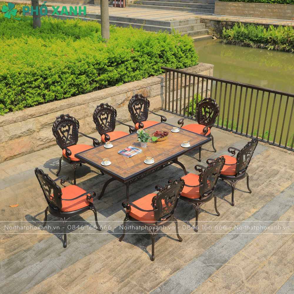Bộ bàn ghế nhôm đúc mặt đá 6- 8 ghế nhập khẩu cao cấp BND-MD18998TTD