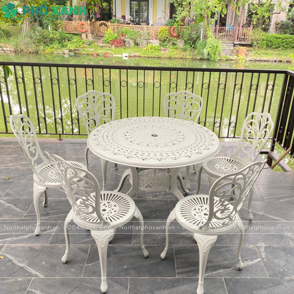 Bộ bàn ghế hợp kim nhôm đúc màu trắng sân vườn BND-100NTK
