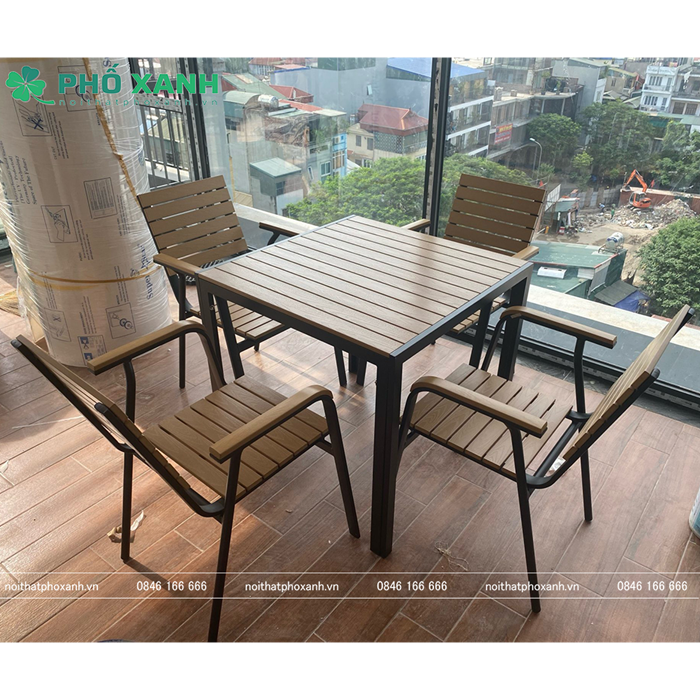 Bộ bàn ghế nhà hàng, cafe sân vườn chất liệu Composite (Polywood) nan vàng BCP-8080NGKD