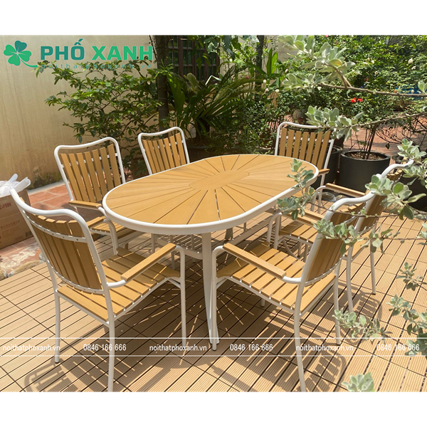 Bộ bàn ghế nhà hàng, cafe sân vườn chất liệu Composite nan màu vàng BCP-15090NGKD