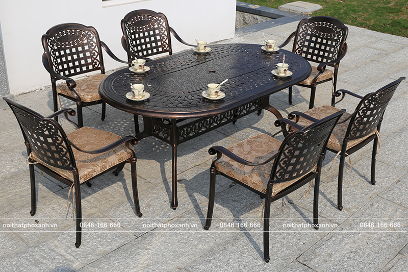 Bộ bàn ghế nhôm đúc sân vườn hình elip màu đen đồng BND-BD18090D