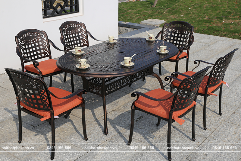 Bộ bàn ghế nhôm đúc sân vườn hình elip màu đen đồng BND-BD18090D