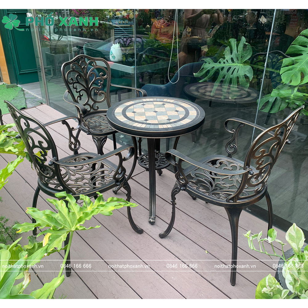 Bộ bàn ghế nhôm nhỏ sân vườn cafe mặt đá BND-MD70HDD