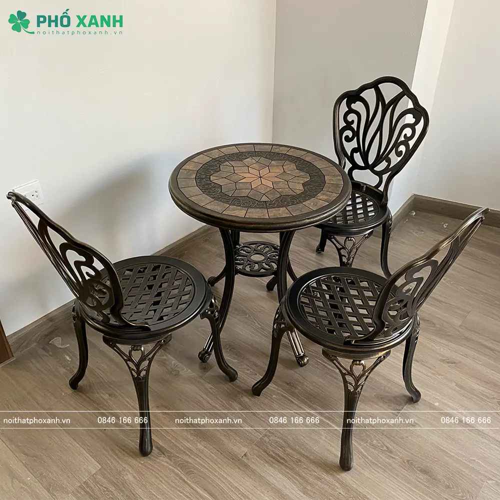 Bộ bàn ghế nhôm đúc nhỏ mặt đá ngoài trời, sân vườn, ban công BND-6070MDD