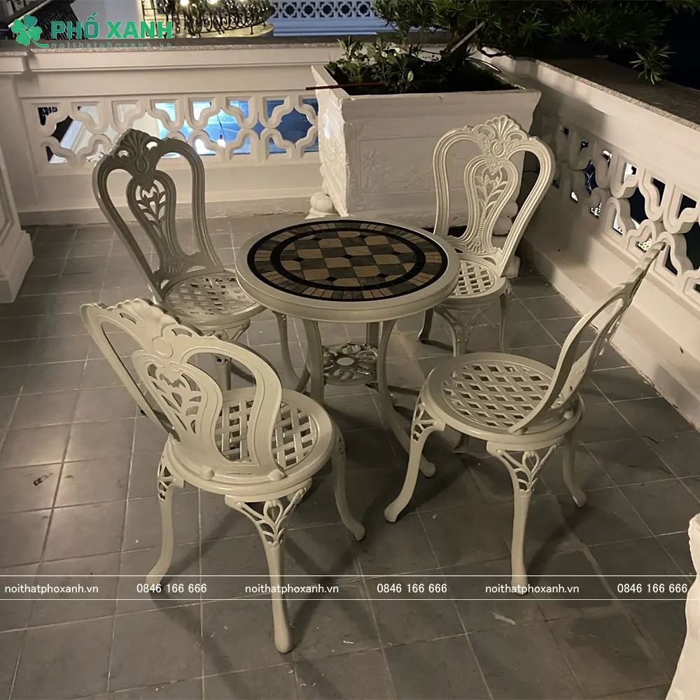 Bộ bàn ghế nhôm đúc nhỏ mặt đá ngoài trời, sân vườn, ban công BND-6070MDTK