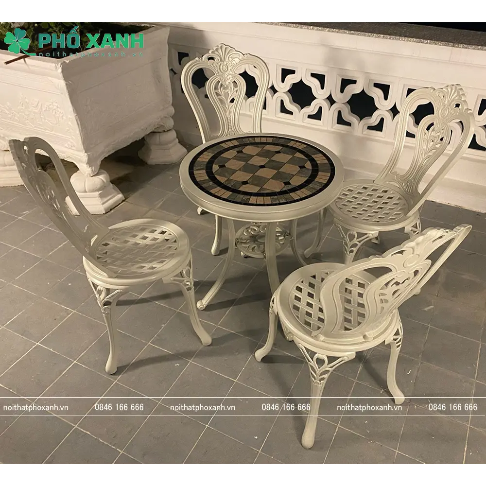Bộ bàn ghế nhôm đúc nhỏ mặt đá ngoài trời, sân vườn, ban công BND-6070MDTK