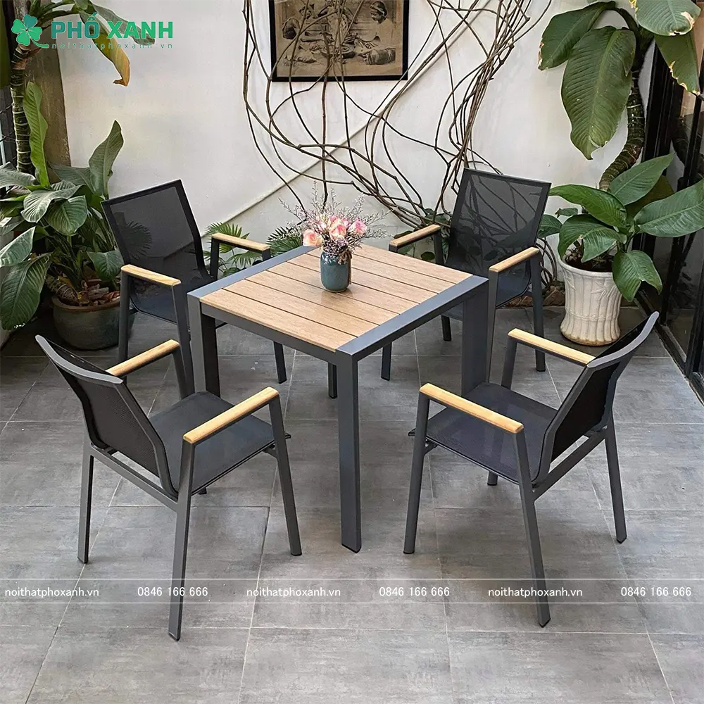 Bộ bàn ghế Polywood ghế Textilene nhà hàng, quán cafe BPLW-8080GRAY