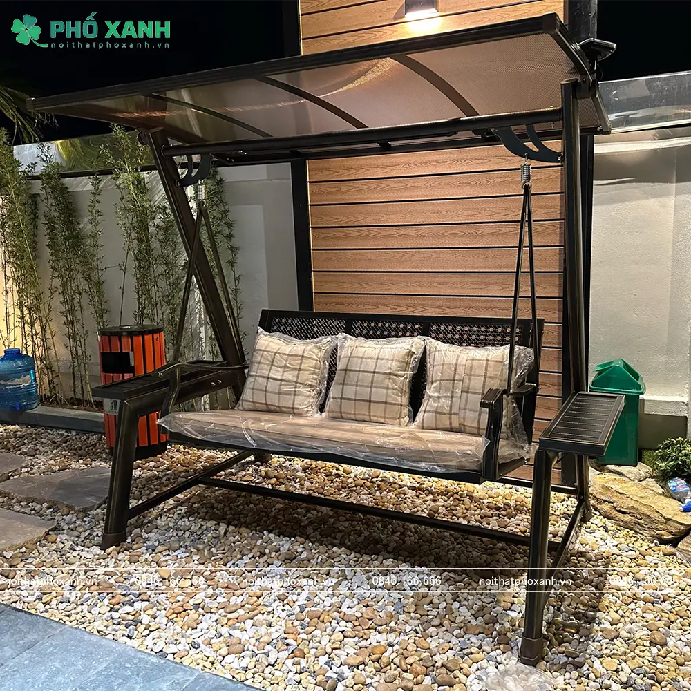 xích đu ngoài trời nhập khẩu ba chỗ hợp kim nhôm có mái che năng lượng mặt trời